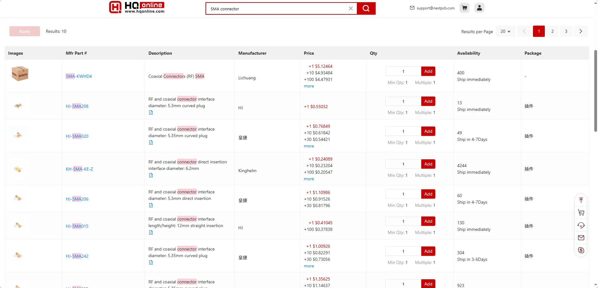 HQ Online SMA connector search results page showing various RF coaxial parts and prices.