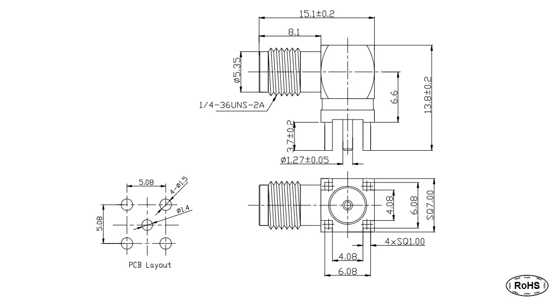 Technical drawing and PCB layout dimensions for a right-angle SMA connector.
