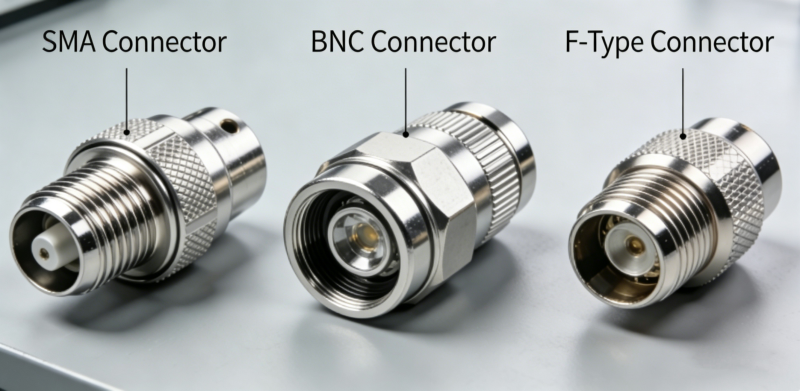 Side-by-side comparison of SMA, BNC, and F-Type RF connectors.