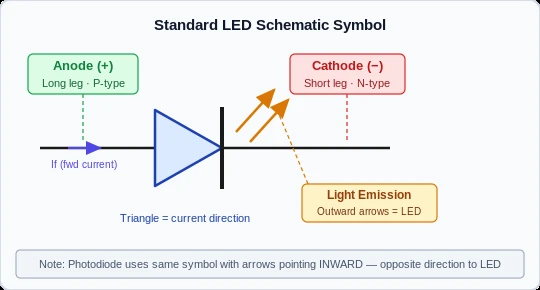 Standard LED Schematic Symbol highlighting Anode (+), Cathode (-), and Light Emission arrows
