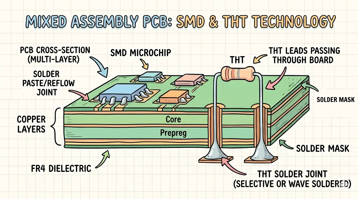 Cross-section of THT lead passing through PCB via, with solder fillet on both sides