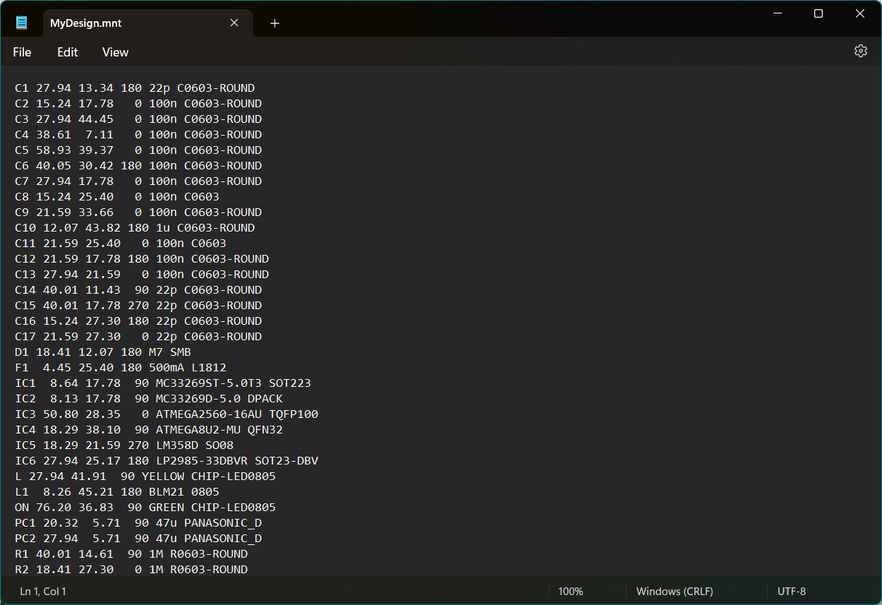 KiCad Centroid File Editor View