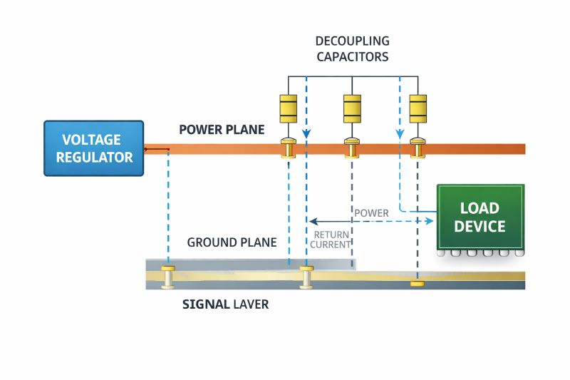 pdn-decoupling-capacitor-power-flow-diagram PDN diagram showing voltage regulator, power plane, ground plane, decoupling capacitors and load device with current flow paths