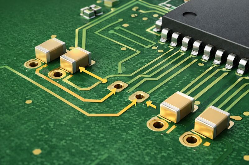 pcb-decoupling-capacitor-placement-layout PCB layout showing proper placement of decoupling capacitors near IC with short traces and multiple vias