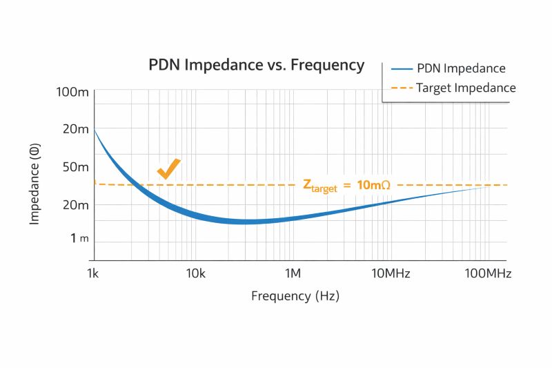 pdn-impedance-vs-frequency-plot PDN impedance versus frequency graph showing target impedance and impedance curve behavior across frequency range