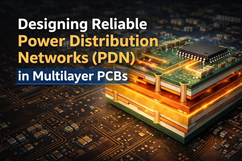 pdn-multilayer-pcb-power- distribution-design Designing reliable power distribution networks in multilayer PCB showing layered PCB structure and power flow visualization