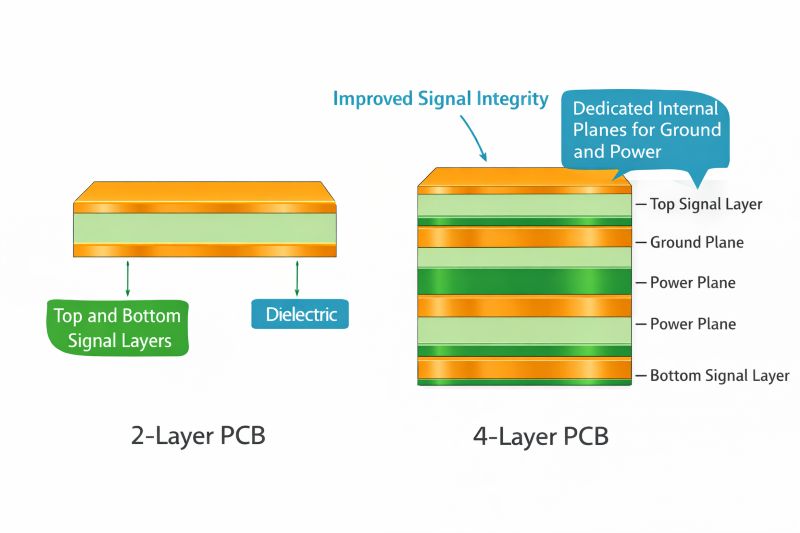 comparison between 2-layer PCB and 4-layer PCB showing improved signal integrity and internal planes