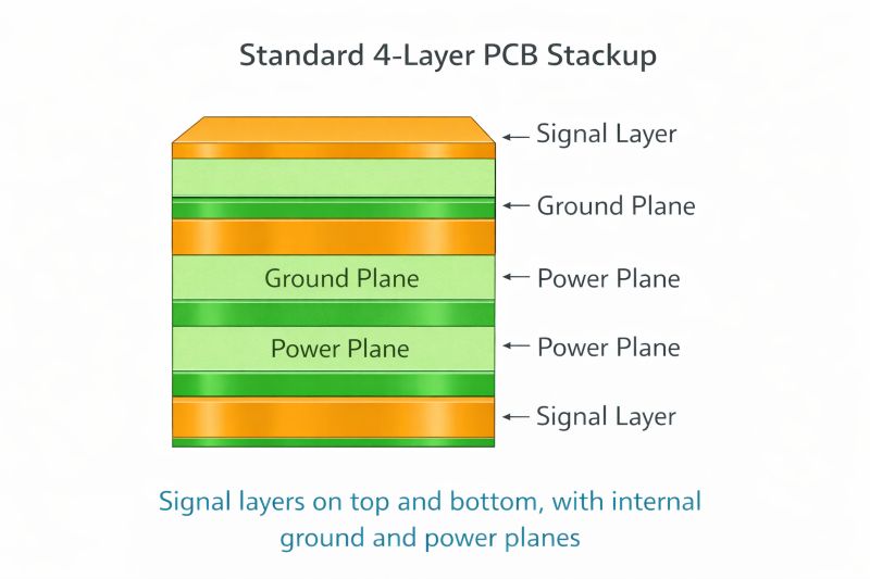standard 4-layer PCB stackup with top signal, ground plane, power plane, and bottom signal layer