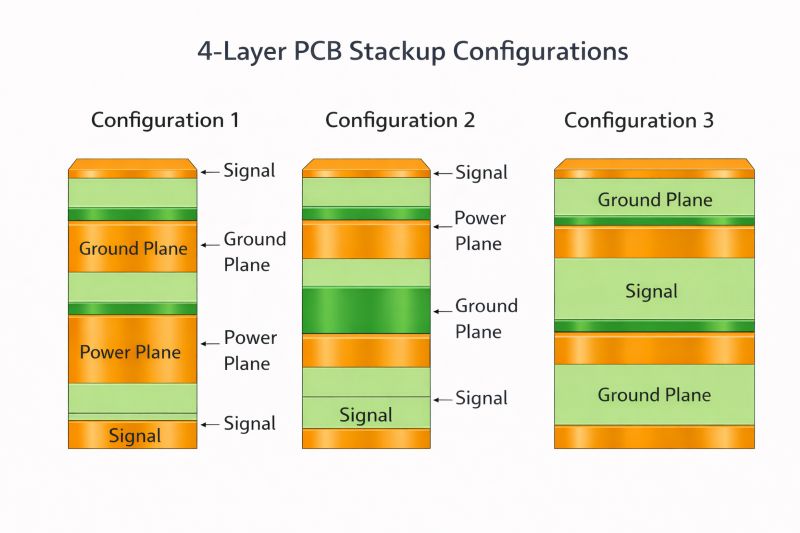 different 4-layer PCB stackup configurations showing signal, ground, and power layer arrangements