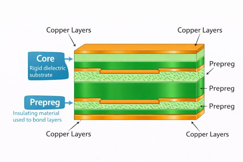 PCB layer structure showing core and prepreg materials between copper layers