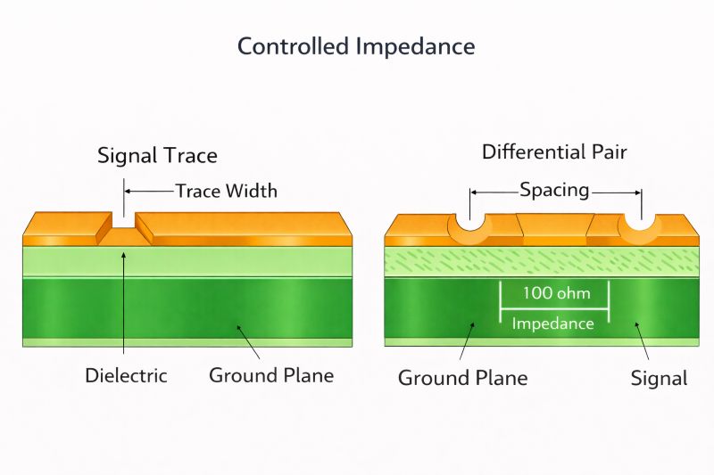 controlled impedance in PCB showing single-ended trace and differential pair with spacing and ground plane