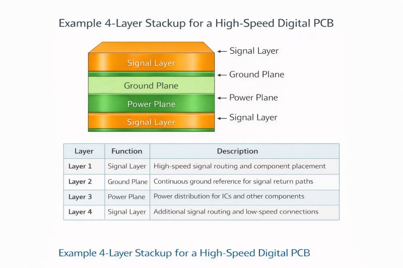 example of 4-layer PCB stackup for high-speed digital circuit with signal, ground, and power layers