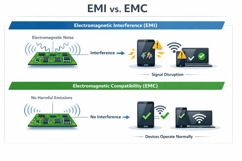 EMI vs EMC comparison showing electromagnetic interference causing signal disruption and electromagnetic compatibility ensuring normal device operation