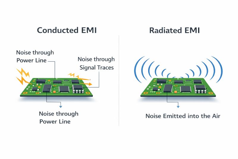 Conducted and radiated EMI in PCB design showing noise through power lines, signal traces, and electromagnetic radiation into air