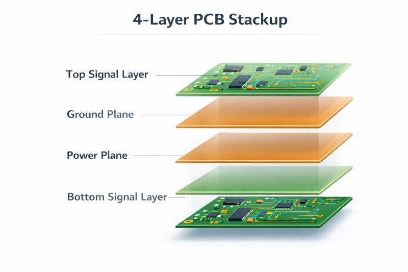 4-layer PCB stackup with top signal layer, ground plane, power plane, and bottom signal layer for EMI reduction
