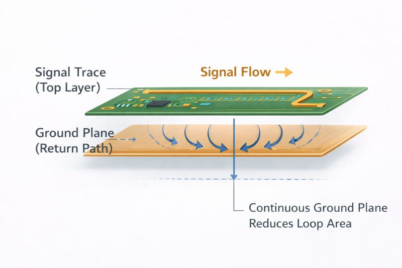 PCB signal return path flowing through ground plane demonstrating reduced loop area and improved EMI performance