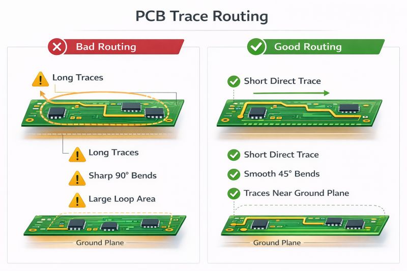 PCB trace routing comparison showing bad routing with long traces and sharp bends versus good routing with short direct paths