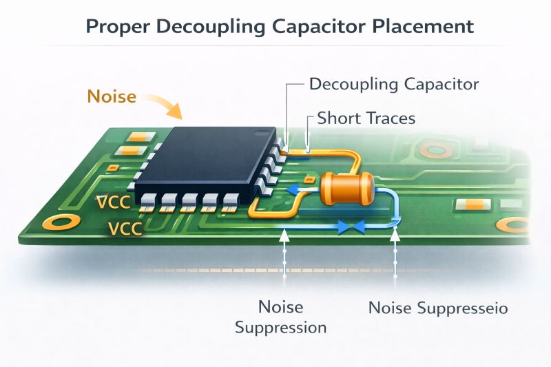 Proper decoupling capacitor placement near IC power pins showing noise suppression and short current paths