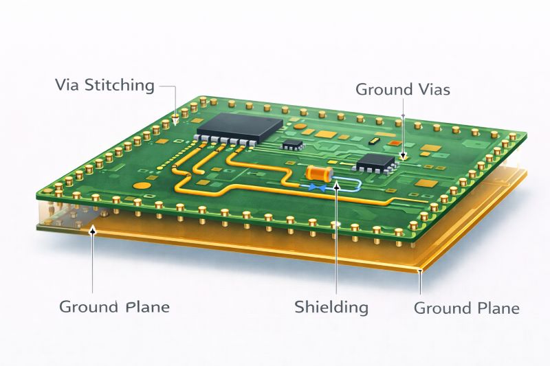 Via stitching and ground vias in PCB design showing improved grounding, shielding, and EMI reduction