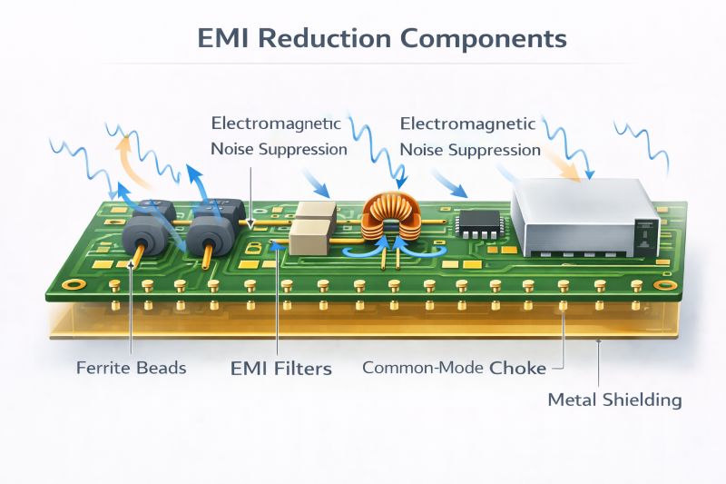 EMI reduction components including ferrite beads, EMI filters, common mode choke, and metal shielding on PCB