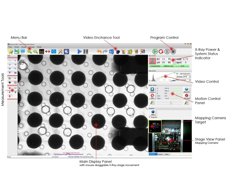 SCIENSCOPE X-SCOPE-2000 software interface showing X-Ray image of BGA solder balls, measurement tools, X-Ray power controls, motion control panel, and integrated mapping camera stage view