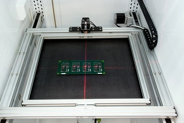 SCIENSCOPE X-SCOPE-2000 large-format X-Y inspection stage with a PCB panel placed for X-Ray inspection, showing the 22 by 21 inch working area