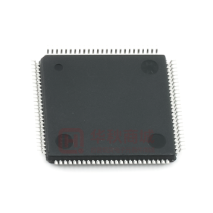 Bottom view of an STM32 LQFP package showing a solid plastic body with no exposed thermal pad