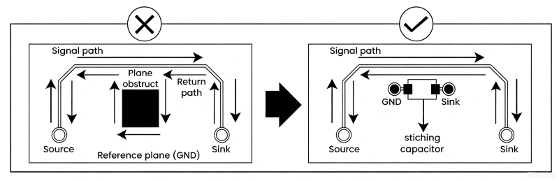A detailed diagram showing loop area reduction on a double-sided PCB with ground grid routing