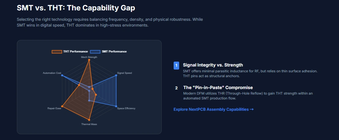 Selecting the right technology requires balancing frequency, density, and physical robustness. While SMT wins in digital speed, THT dominates in high-stress environments.