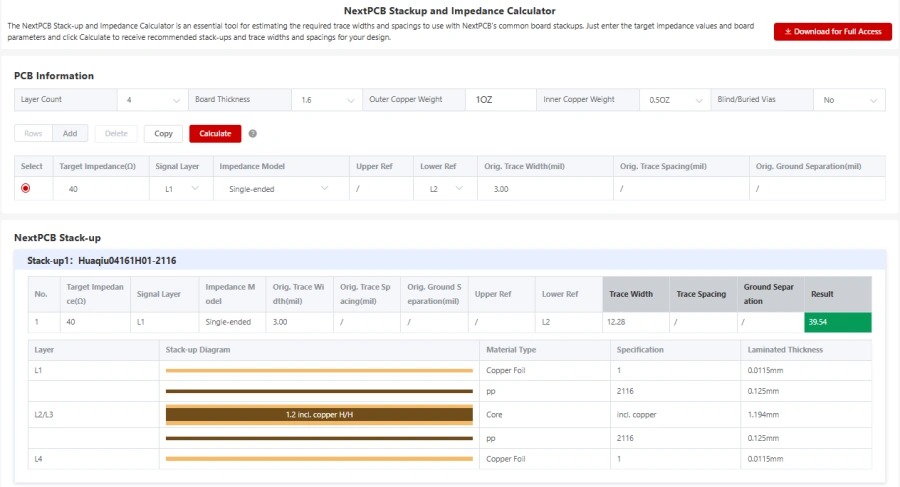 The NextPCB Stack-up and Impedance Calculator is an essential tool for estimating the required trace widths and spacings to use with NextPCB's common board stackups. 