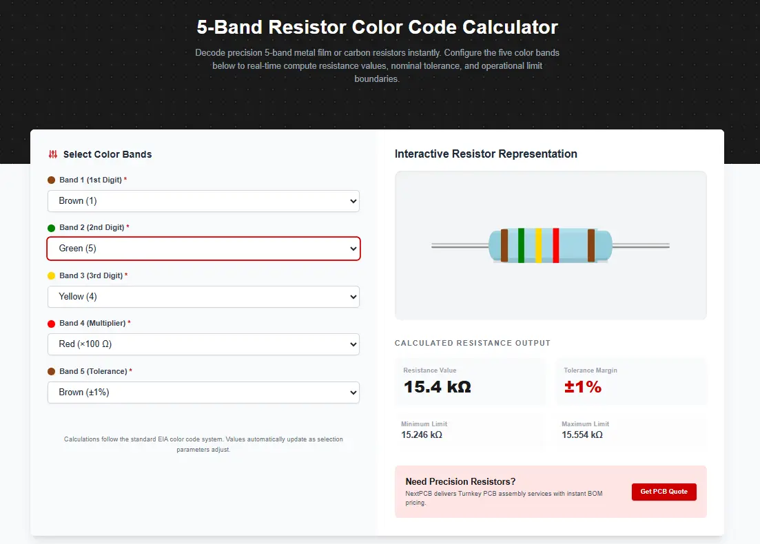 5-band resistor color code calculator interface