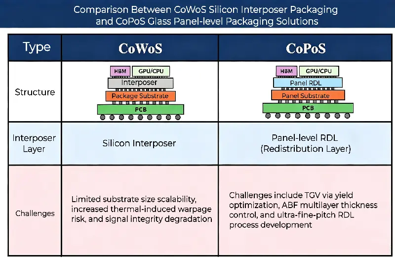 Comparison diagram of CoWoS silicon interposer packaging structure versus CoPoS glass panel-level packaging structure