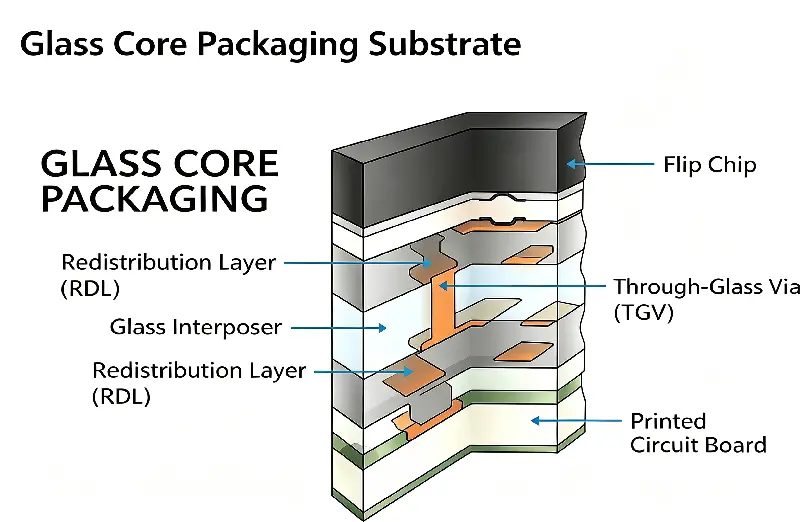 Cross-section diagram of a glass core packaging substrate showing through-glass via (TGV), redistribution layer (RDL), glass interposer, flip chip, and printed circuit board layers