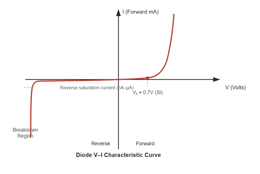 Diode V-I characteristic curve showing forward knee voltage and reverse breakdown region
