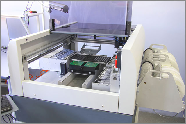 SMT pick-and-place machine placing components onto a PCB before reflow soldering
