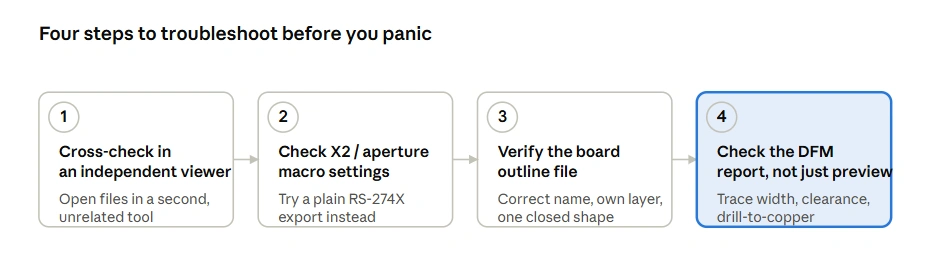 Four-step troubleshooting flow: cross-check in an independent viewer, check X2/aperture macro settings, verify the board outline file, check the DFM report