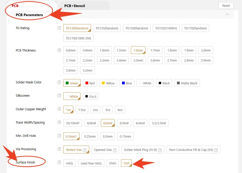 NextPCB standard PCB quote form where HASL and Lead free HASL are separate Surface Finish options alongside ENIG and OSP