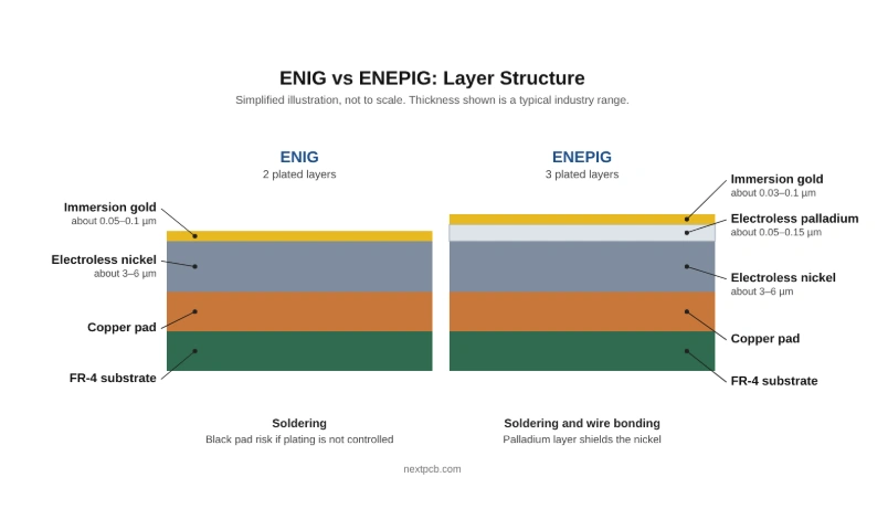 Layer structure comparison of ENIG and ENEPIG PCB surface finishes: ENIG has an electroless nickel layer under immersion gold, while ENEPIG adds an electroless palladium layer between the nickel and the gold, over a copper pad on an FR-4 substrate.